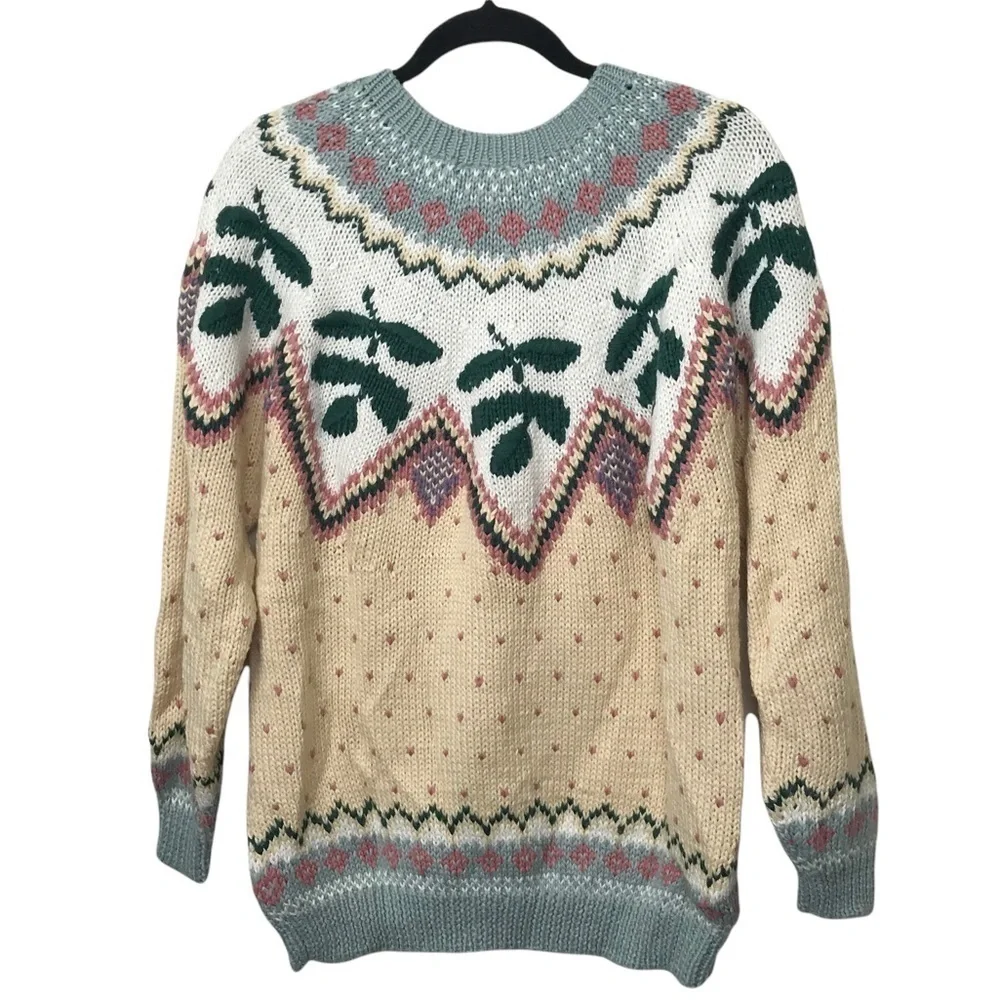 Tarazzia Vintage Olive Branch Knit Fair Isle Sweater